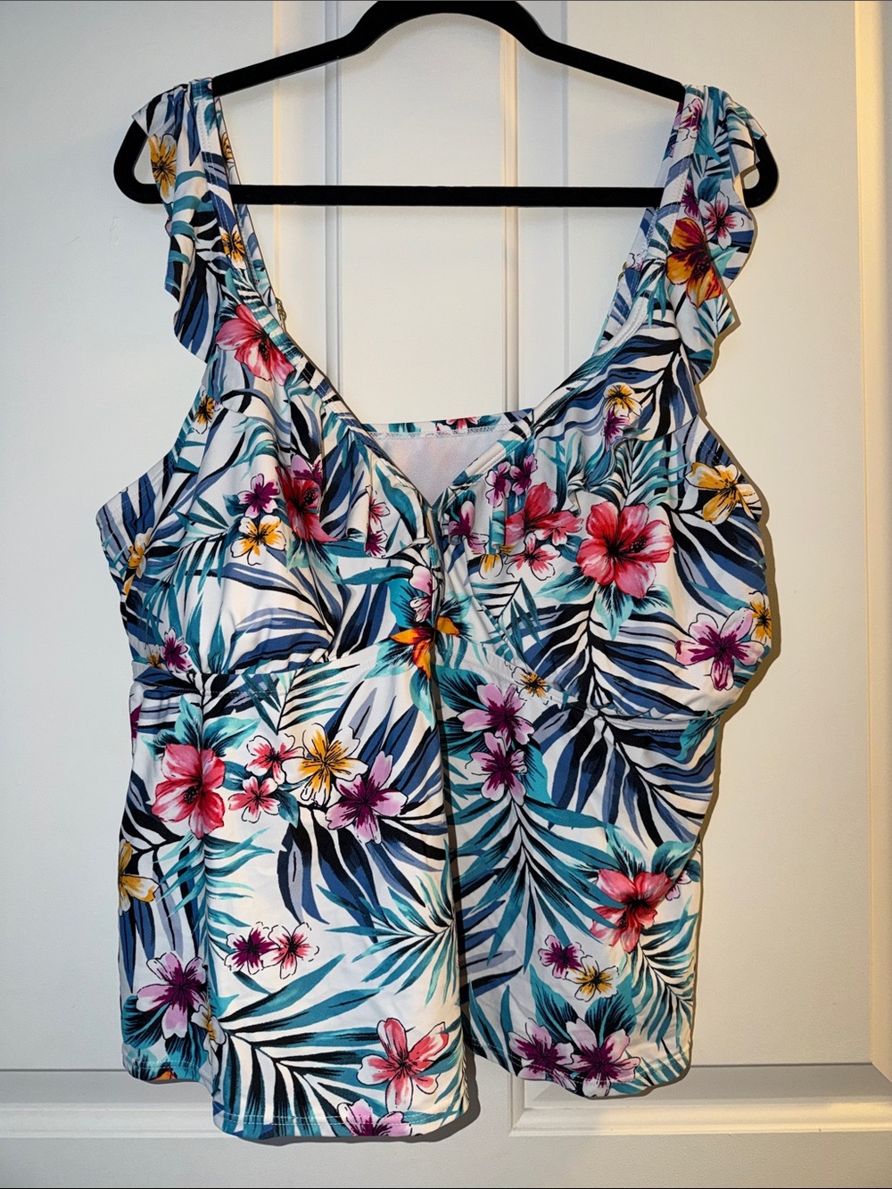 Time and Tru White Tropical Floral Ruffle Strap Tank